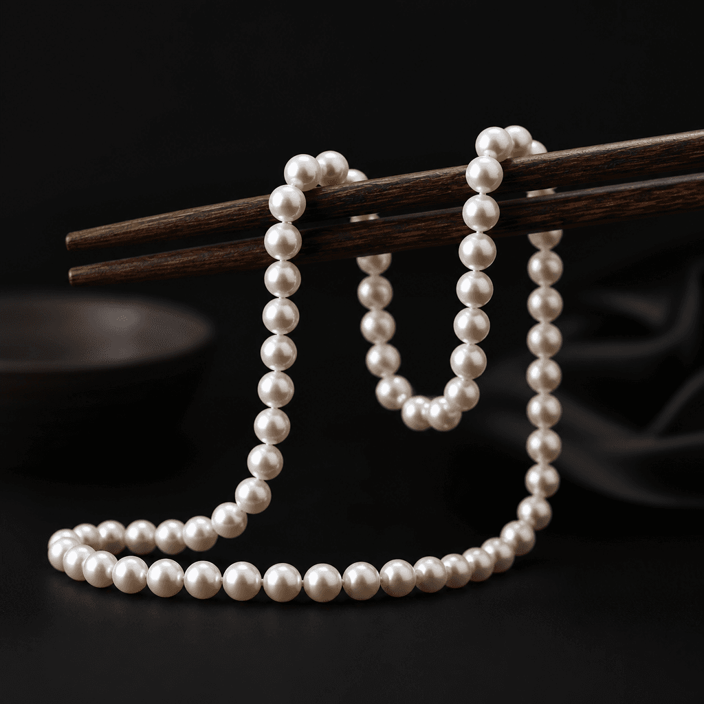Pearl necklace draped across chopsticks, minimalist styling, dark background, professional jewelry photography, refined