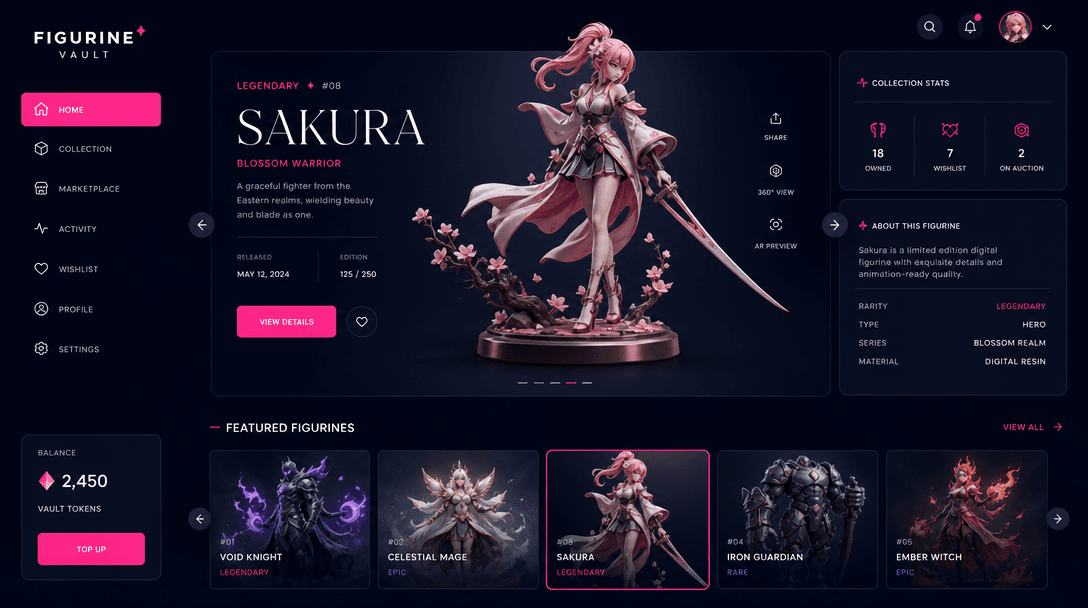 Modern digital collectible interface showing figurine gallery, hot pink and soft white accents, deep navy background, cl