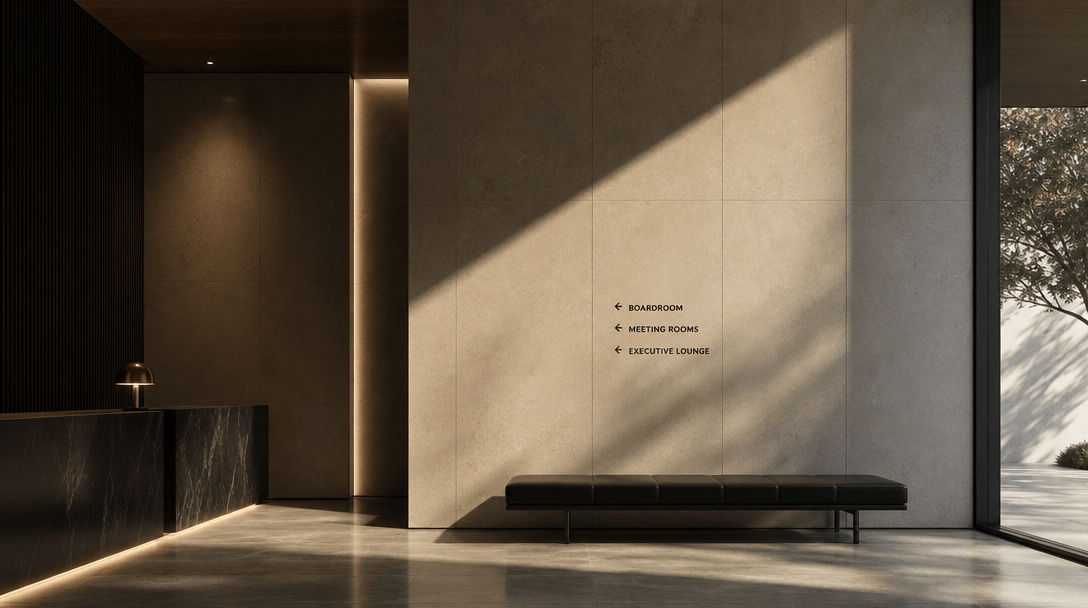 Architectural interior with dramatic spotlight casting clean shadow lines. Minimalist composition, luxury corporate spac