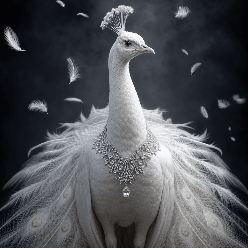 An elegant white peacock wearing a delicate diamond and platinum collar, posed against a charcoal studio backdrop with s