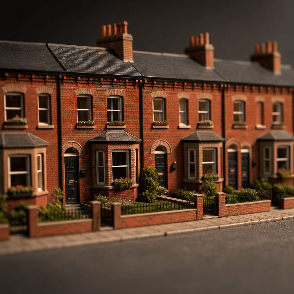 Street-level photograph of a red-brick Victorian terrace transformed into a pristine scale model. Perfect tilt-shift bok