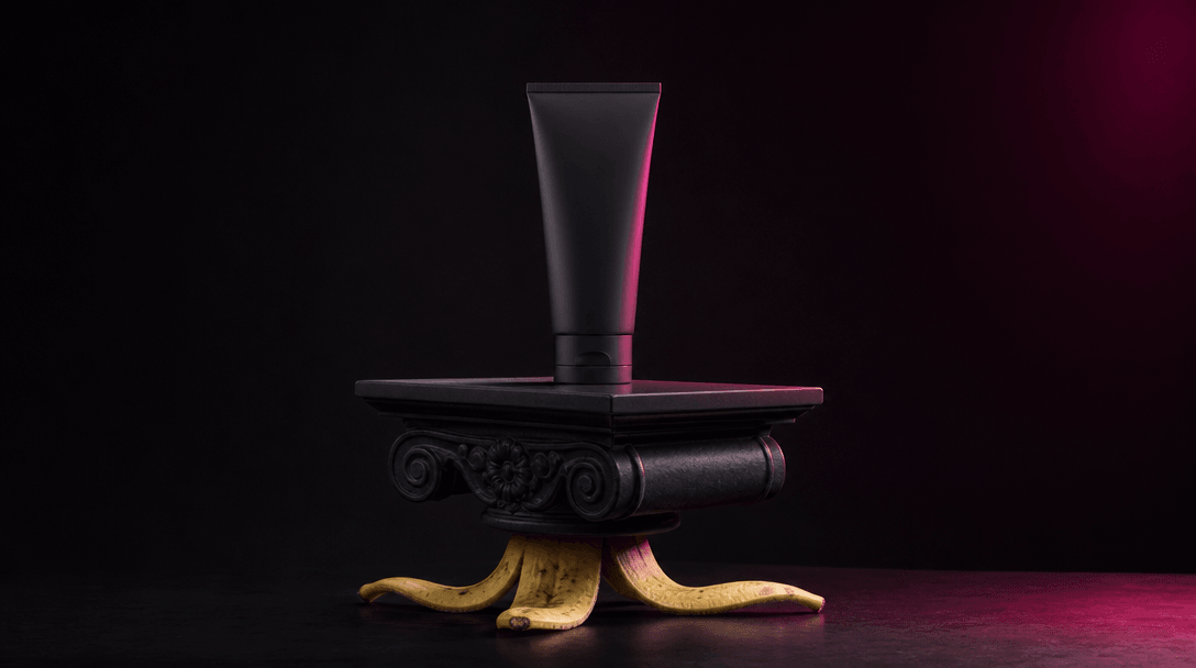 A surreal banana peel resting beneath an immaculate luxury pedestal that supports a beautifully lit anonymous product si
