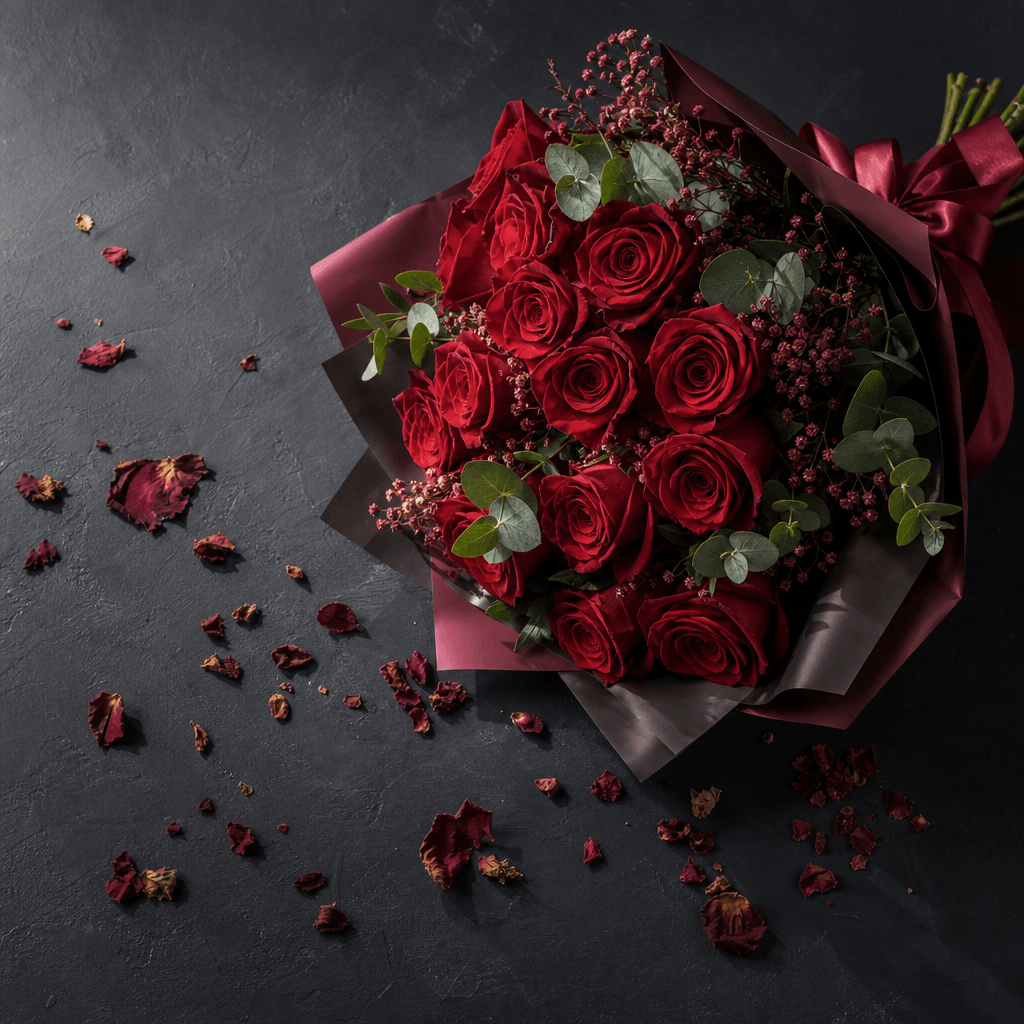 Studio flat-lay of a deep red rose Valentine's Day bouquet on a dark slate surface with scattered dried petals as negati