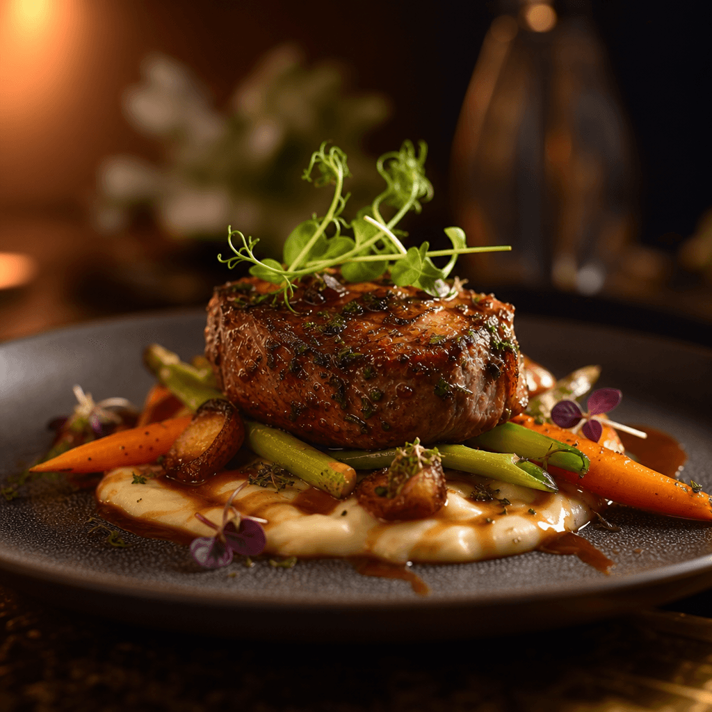 Beautiful main course with artistic plating and fresh garnish, golden hour-style lighting, dark luxury background, profe