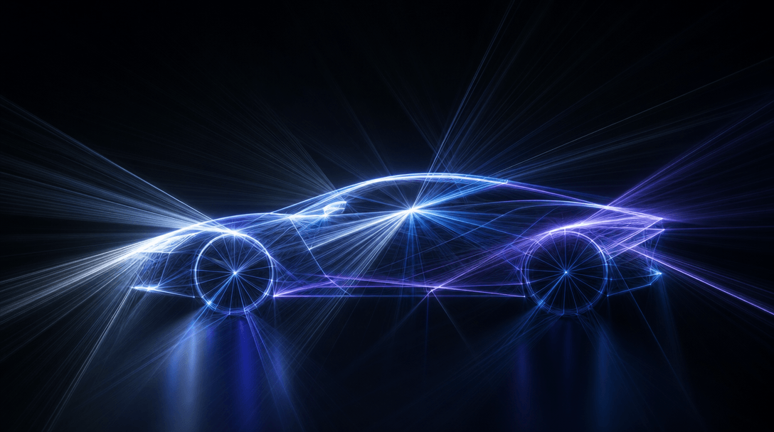 Abstract visualization of multiple converging light beams forming the silhouette of a sports car — rays of white, cool b