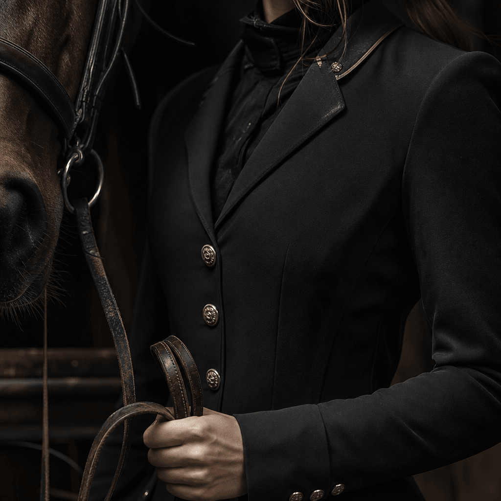 Close cinematic portrait of an anonymous equestrian subject holding worn leather reins, horse muzzle entering the edge o