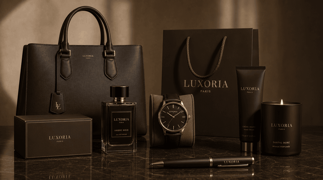 Multiple luxury products in uniform visual language, consistent color grading and lighting across items, cohesive premiu