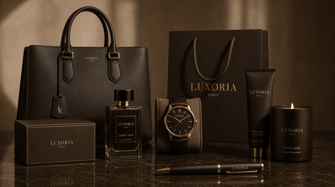 Multiple luxury products in uniform visual language, consistent color grading and lighting across items, cohesive premiu
