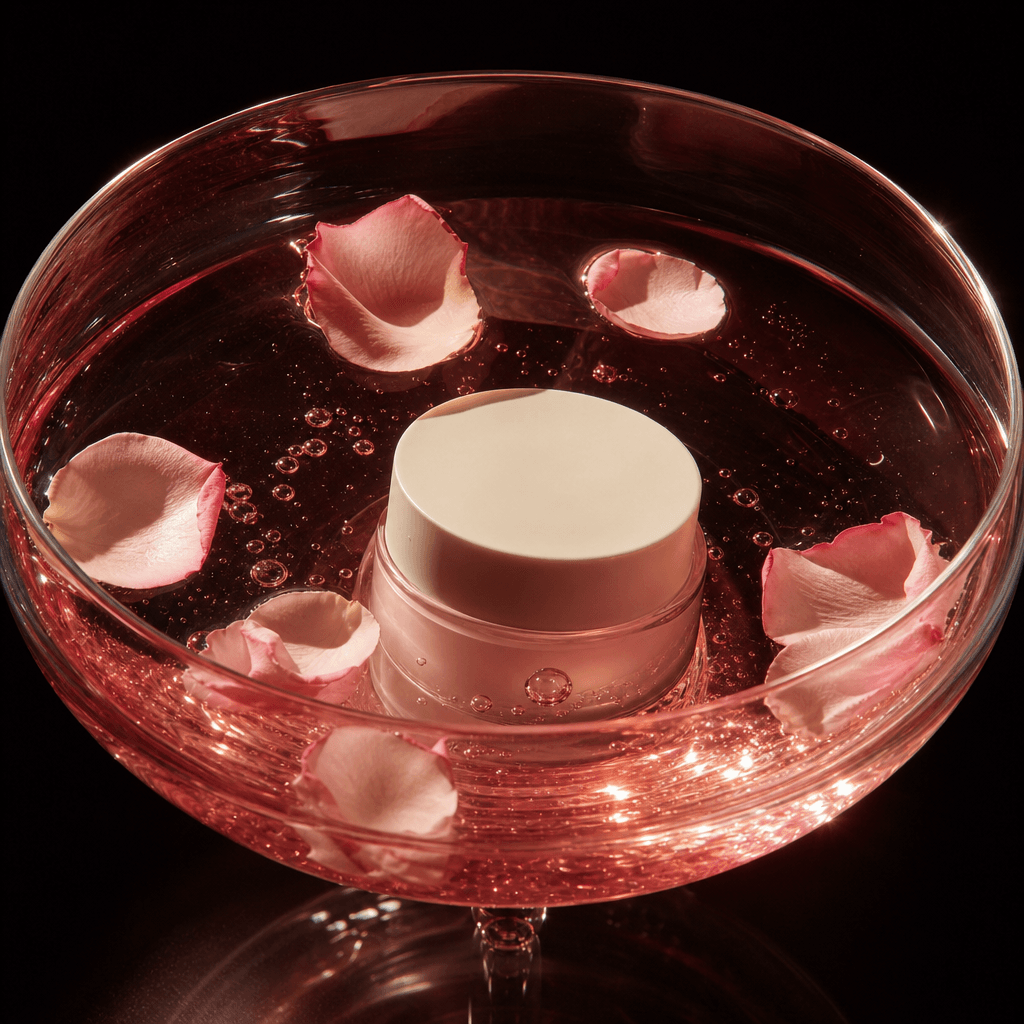 A minimalist skincare jar resting beneath the surface of translucent pink rosé in a broad glass bowl, floating rose peta