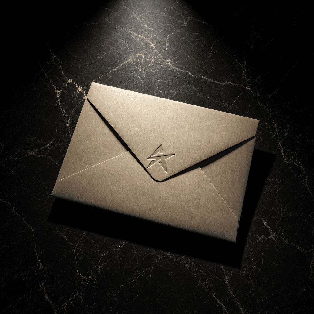 A sealed luxury envelope stamped with an abstract angular logo resting on a dark polished marble surface, single overhea