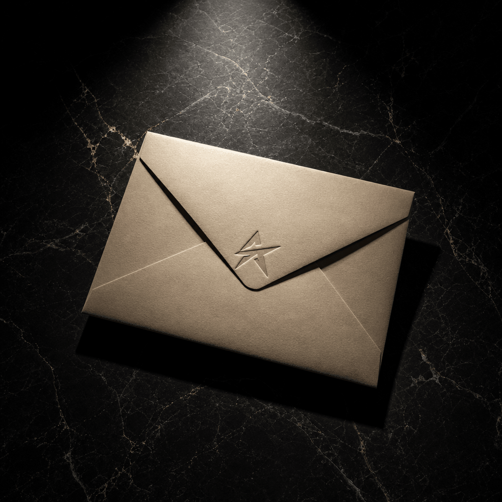 A sealed luxury envelope stamped with an abstract angular logo resting on a dark polished marble surface, single overhea