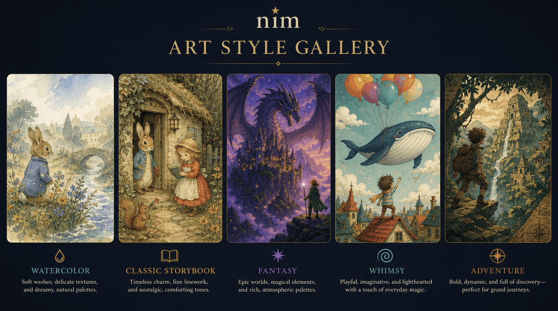 Art style gallery: 5 different illustrated storybook art styles displayed as thumbnails — watercolor, classic storybook,