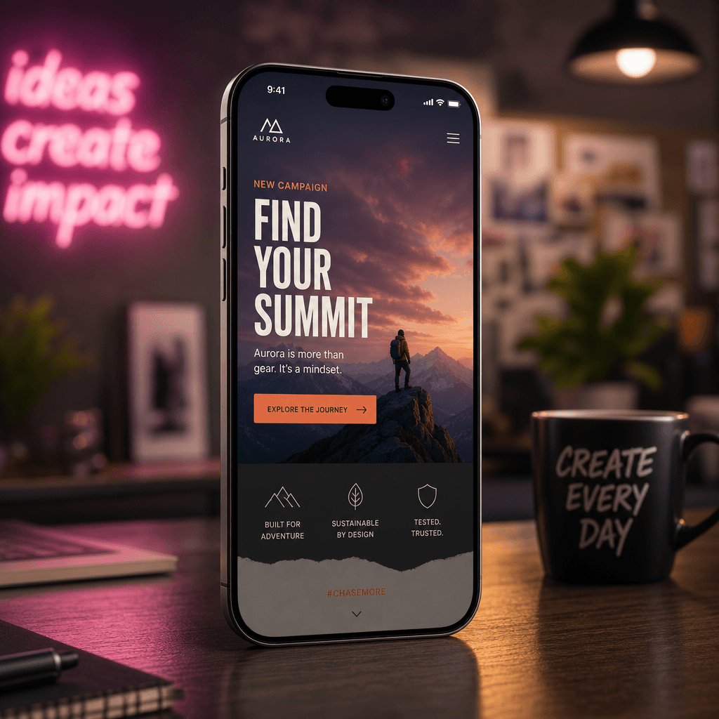A smartphone mockup in a creative setting, showcasing a marketing campaign. The background should be blurred to focus on