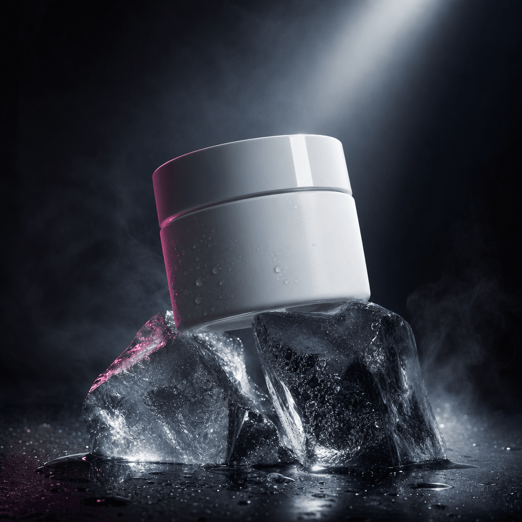 A minimalist white moisturizer jar balanced on angular melting ice cubes, glossy lid catching a narrow beam of light, co