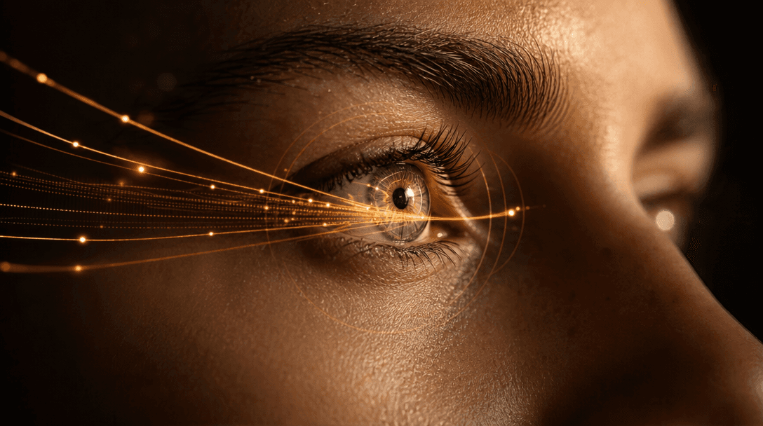 Macro close-up of human face showing eye tracking vectors as soft amber light trails, warm professional studio lighting,
