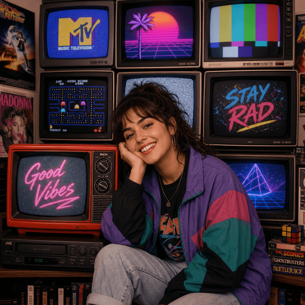 A vibrant retro TV stack portrait featuring a smiling person in front of a vintage television set. The image captures th