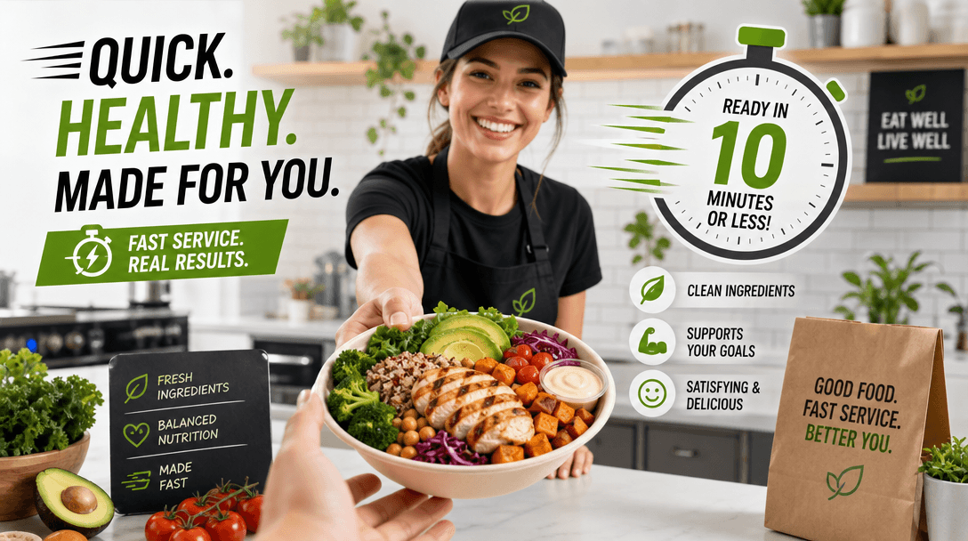 A dynamic image illustrating quick and efficient service, with a timer and healthy foods in a clean, modern kitchen sett