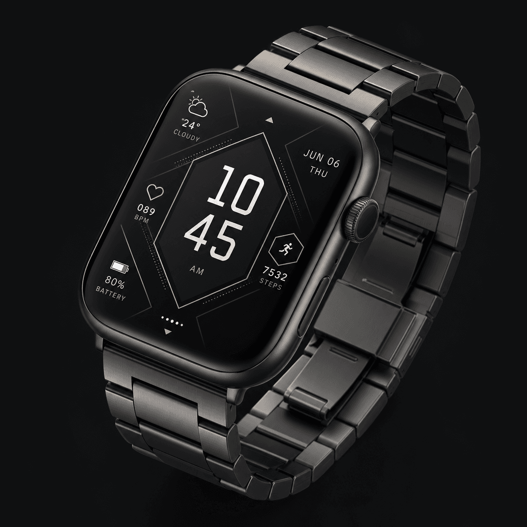Isometric smartwatch display with geometric interface elements, metallic band, dark minimal aesthetic