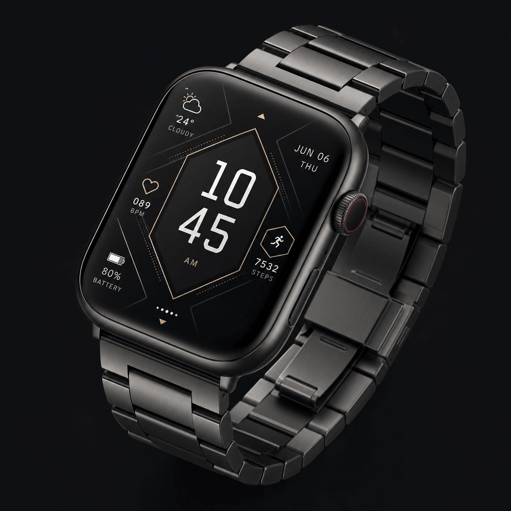 Isometric smartwatch display with geometric interface elements, metallic band, dark minimal aesthetic