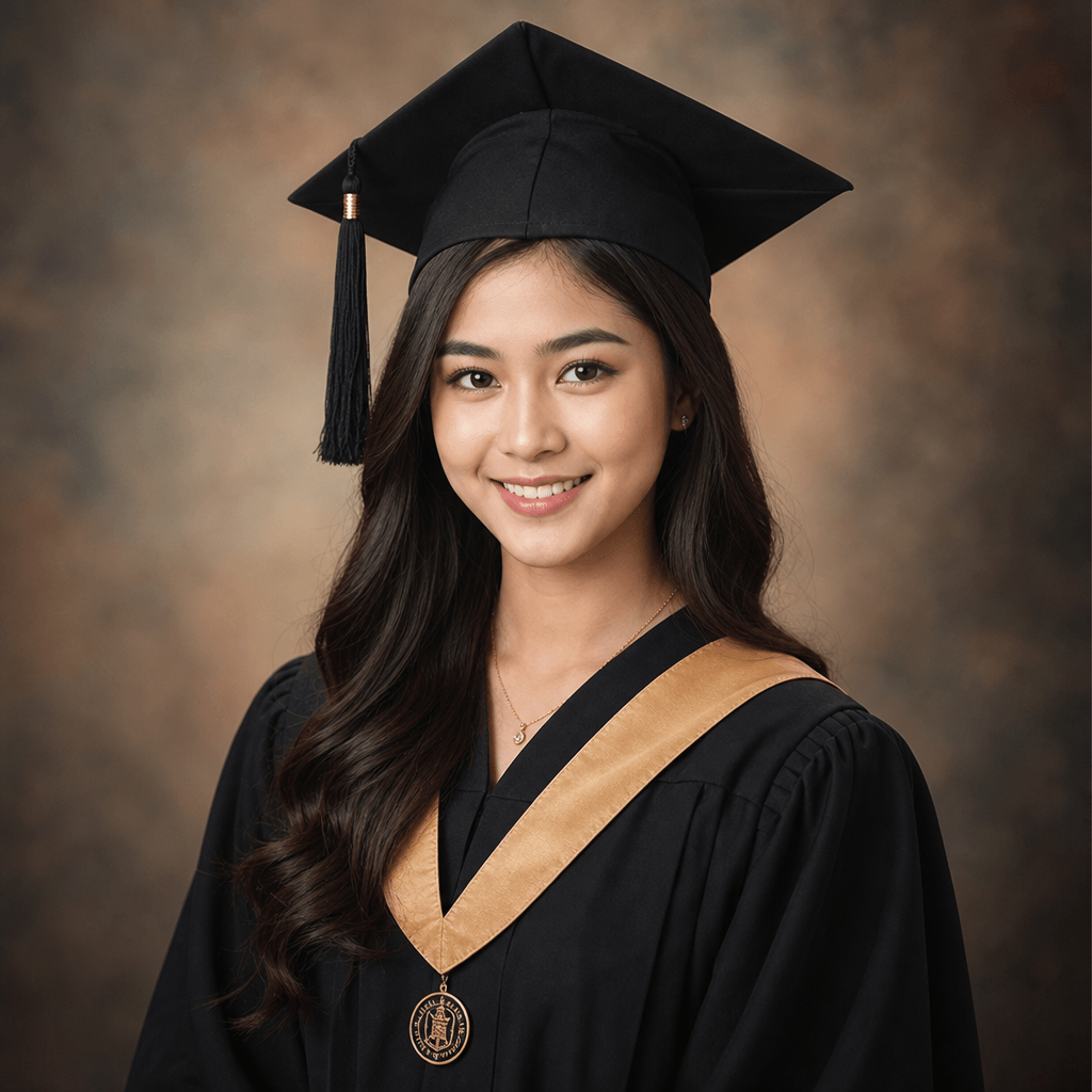 Graduation portrait with academic cap and gown, professional studio setting, warm sophisticated lighting. Formal yet app