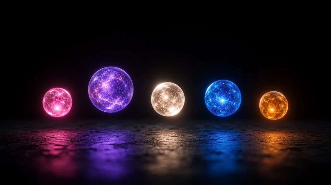 Macro editorial still life: five small glowing orbs in distinct tones — hot pink, deep violet, warm off-white, electric