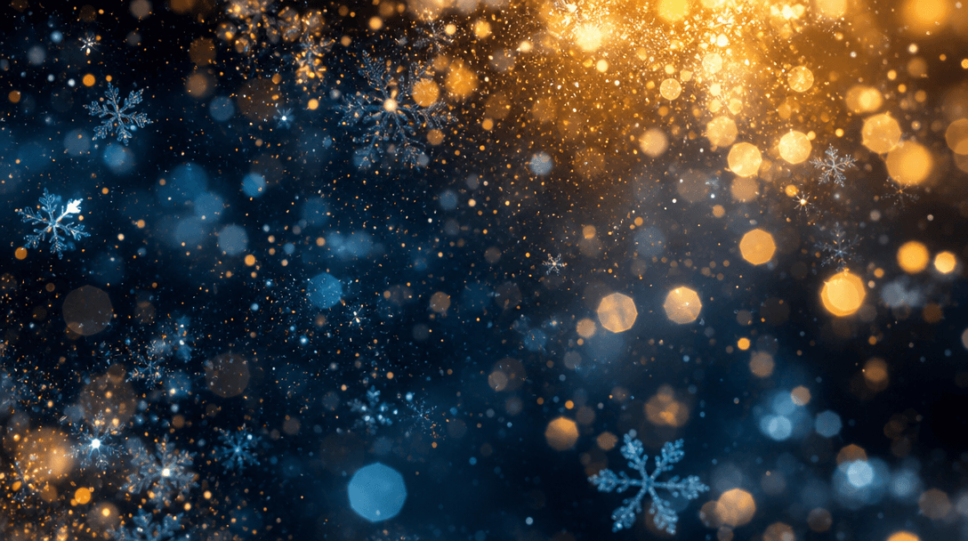Abstract festive scene texture. Winter lights bokeh, snow crystals, warm gold and cool blue palette, atmospheric festive