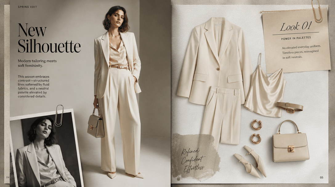 Luxury fashion magazine spread come to life: outfit photos transforming from flat images into stylized page layout with