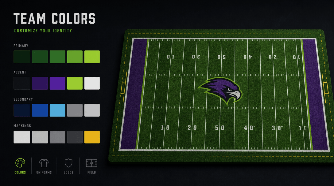Team colors palette displayed over field texture showing greens, team accent colors, and field markings. Clean dark back
