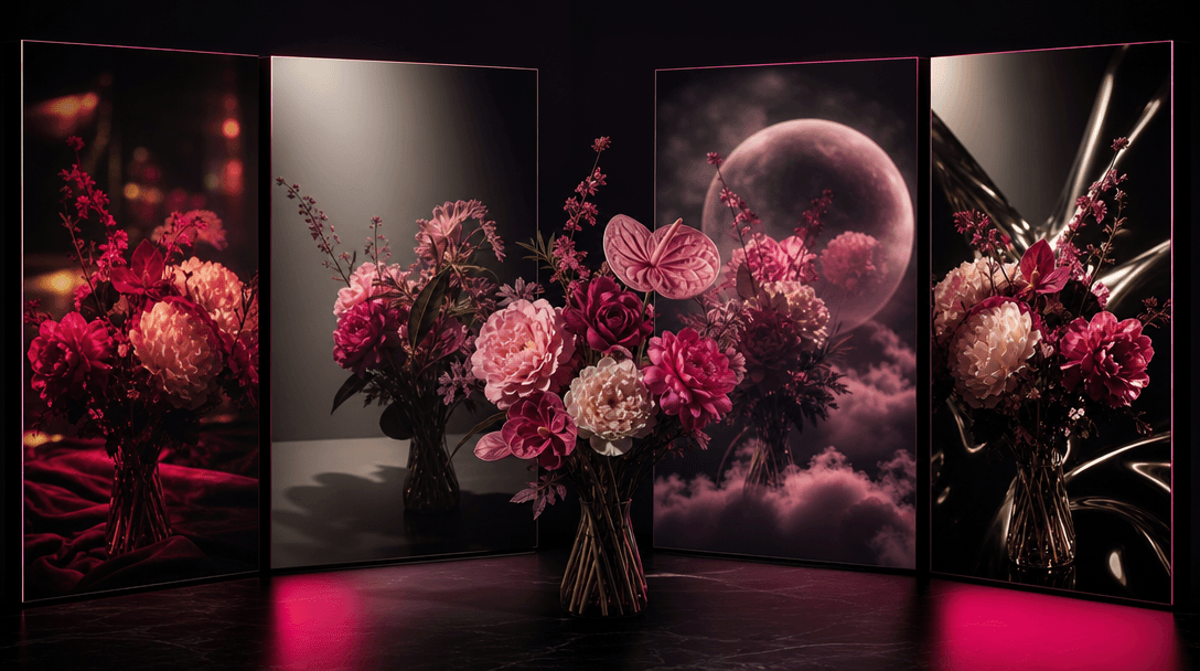 An abstract multi-model creative concept visualized as one bouquet refracted through four polished dark panels, each ref