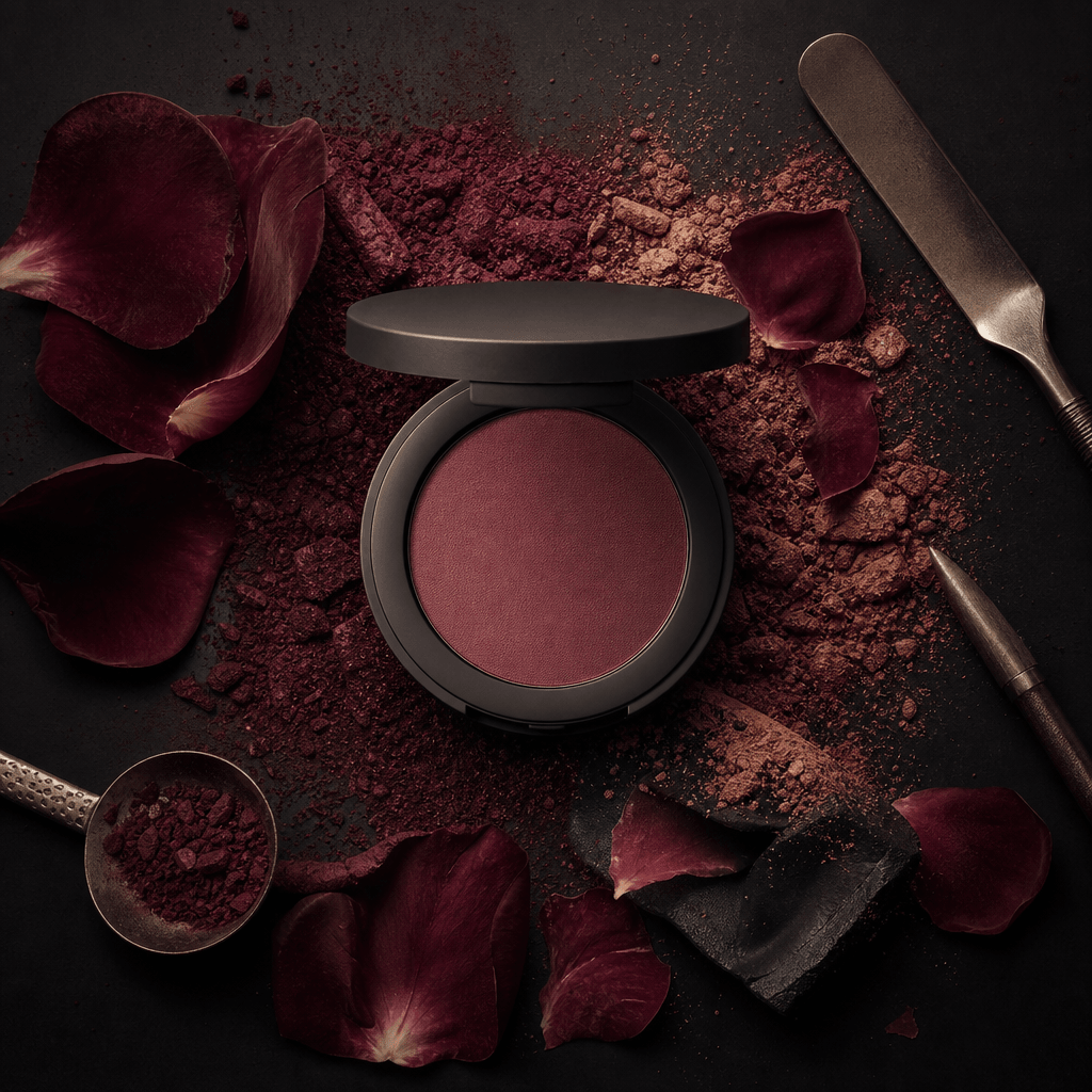 Matte cosmetic compact emerging from a graphic arrangement of loose pigment, rose petals, and polished metal tools on a