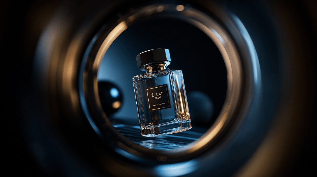 Abstract artistic circular motion, luxury product emerging through peephole frame, cinematic light play on reflective su
