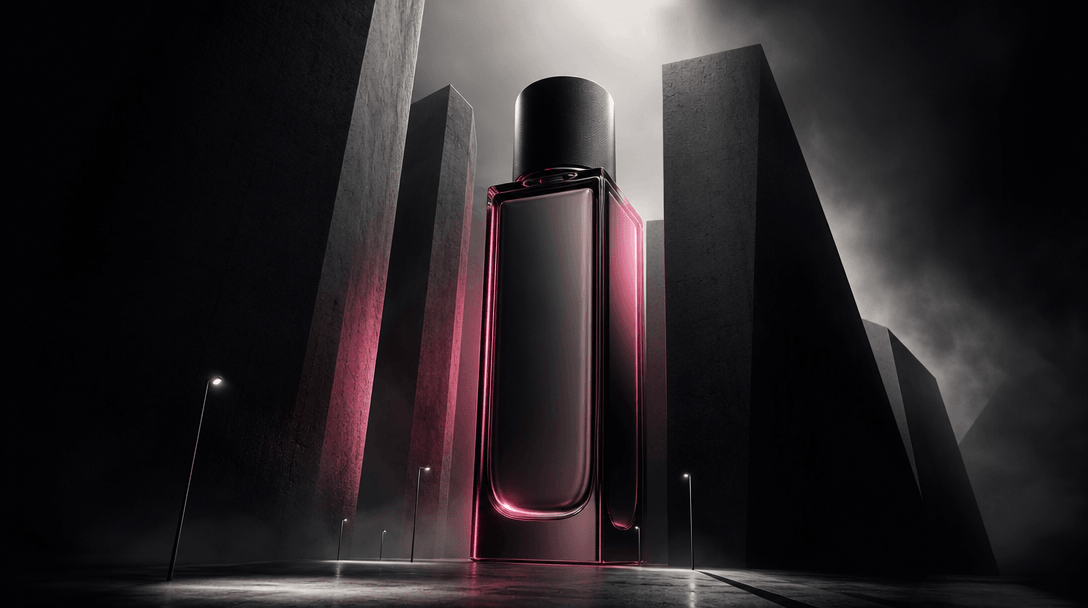 A monumental cosmetic bottle rising between abstract charcoal architectural slabs, emphasizing scale through tiny street