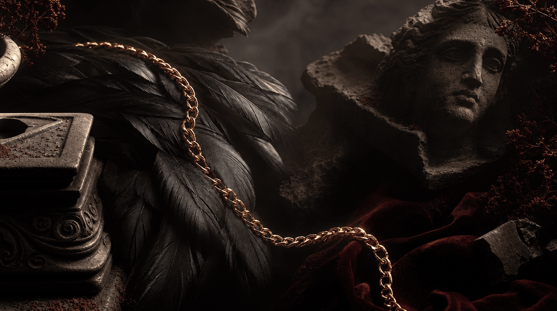 An abstract luxury still life where a single gold chain curves through layers of black feathers and carved stone like an
