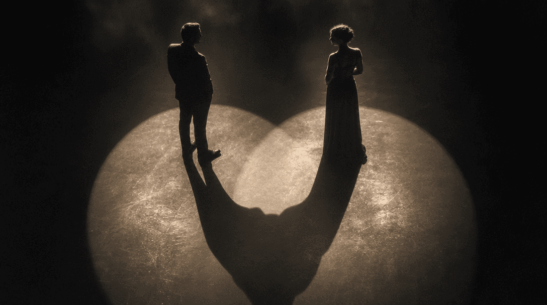 Two elegant human silhouettes formed by intersecting pools of warm light on a near-black studio floor, their shadows mer
