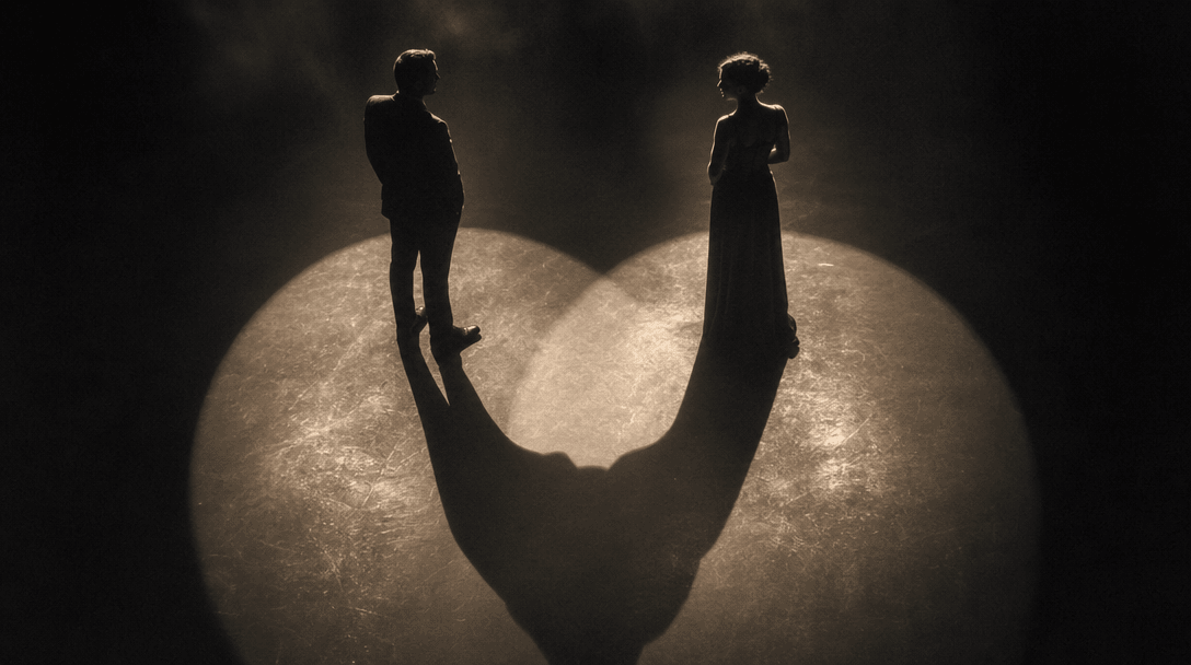Two elegant human silhouettes formed by intersecting pools of warm light on a near-black studio floor, their shadows mer