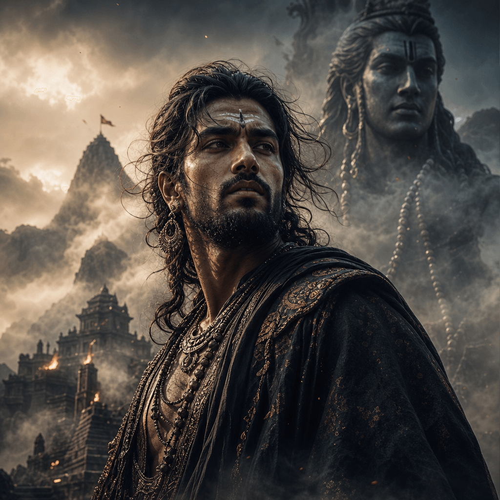 A visually striking mythic portrait of an individual, surrounded by elements that enhance the cinematic feel, such as mi