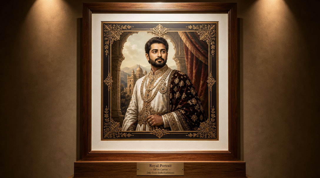 Finished royal portrait displayed in ornate ornamental frame, mounted on premium textured gallery paper, museum spotligh