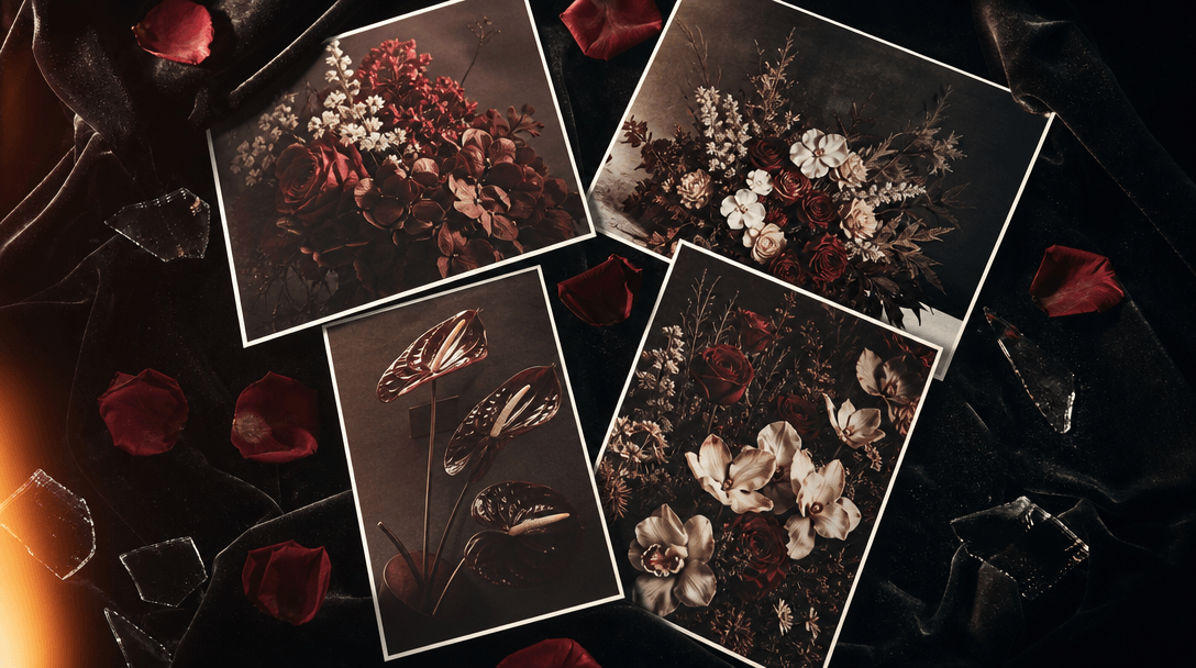 Four coordinated floral campaign scenes represented as physical photographic prints scattered across black velvet with r