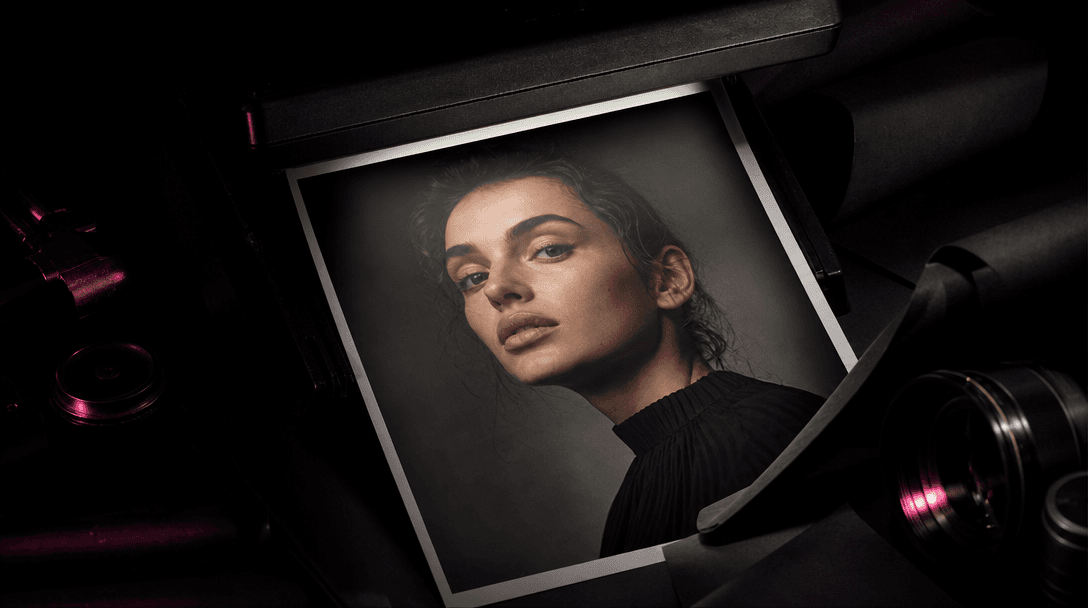 A finished portrait print emerging from darkness beneath a focused studio beam, surrounded by matte black material, a vi