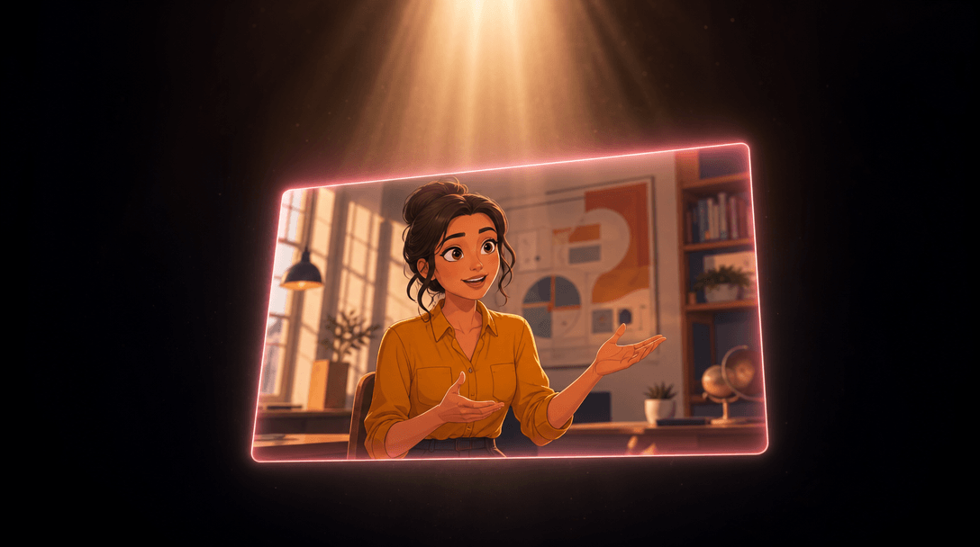 Wide cinematic editorial. A single finished animated video frame — showing a crisp animated character mid-explanation —