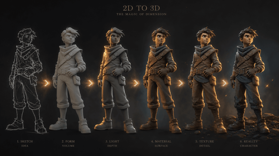 A simple 2D character sketch transforming into 3D through light and shadow: depth being revealed, materials becoming vis