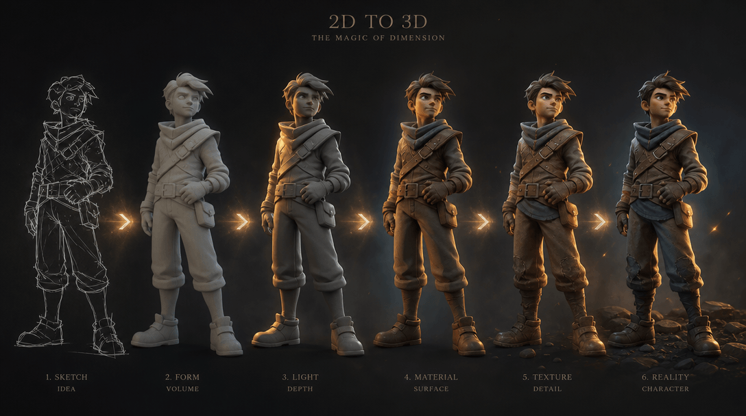 A simple 2D character sketch transforming into 3D through light and shadow: depth being revealed, materials becoming vis