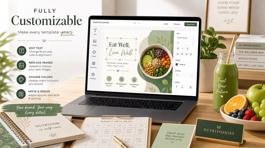 A stylish representation of fully customizable templates, featuring a nutritionist's workspace with design elements and