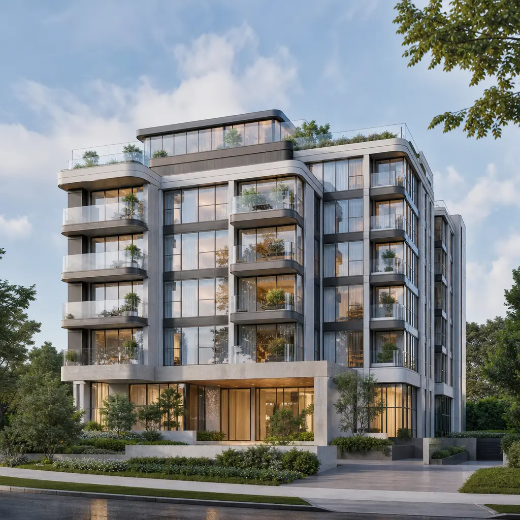 Photorealistic architectural pre-sale render of a mid-rise luxury apartment building — clean glass and brushed concrete