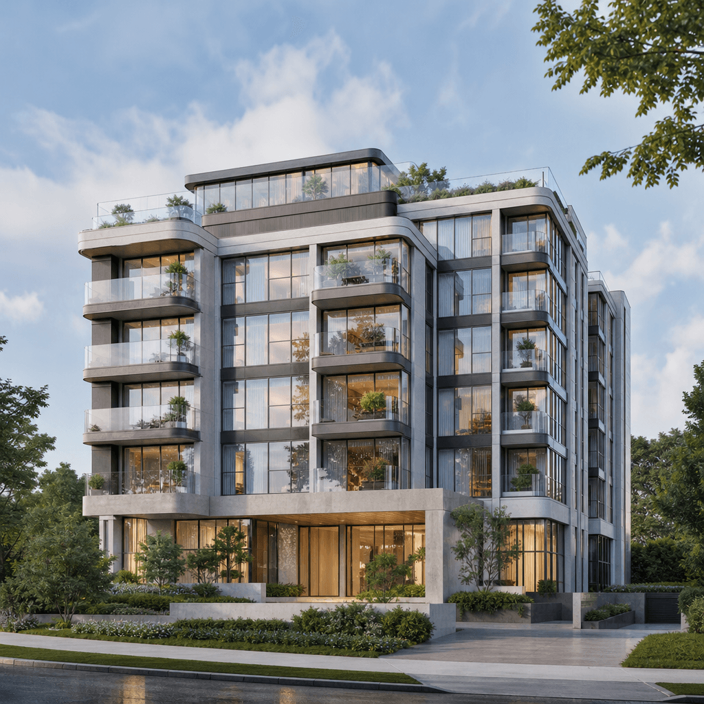 Photorealistic architectural pre-sale render of a mid-rise luxury apartment building — clean glass and brushed concrete
