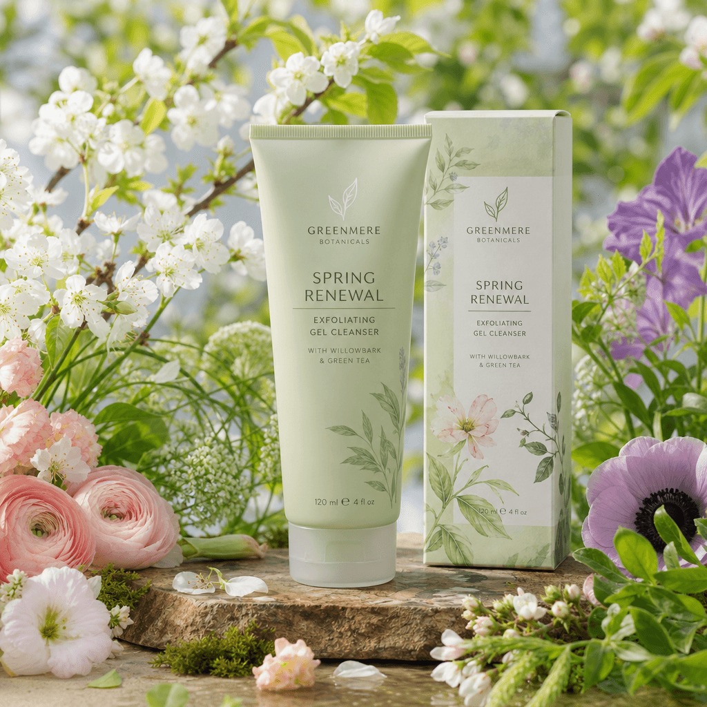 Spring renewal seasonal product. Fresh green botanical background, flowers, soft diffused daylight. Clean product shot w