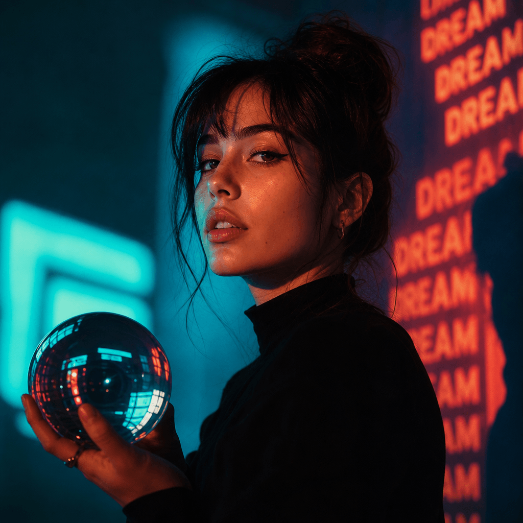 A creative studio portrait of a model with unique props and lighting effects that create an engaging atmosphere. The ima