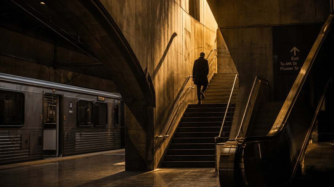 Dramatic warm lighting in underground transit setting. Light and shadow play on architectural surfaces. Urban mood.