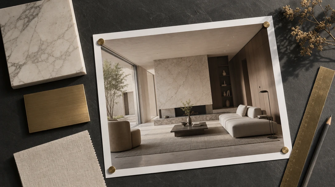 Architectural editorial flat lay on a deep dark slate surface: a large-format printed interior render photograph pinned