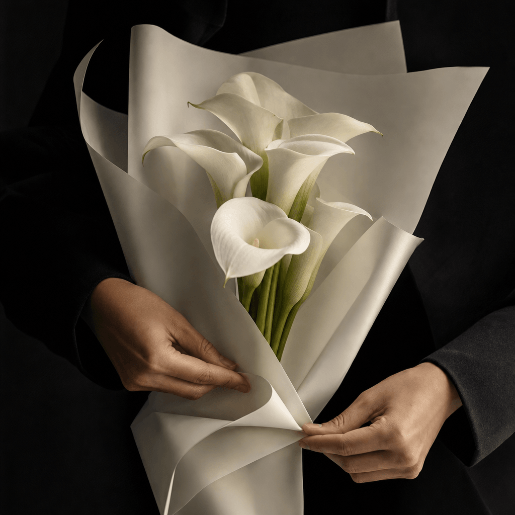 Close studio portrait of a minimalist white calla lily bouquet being wrapped in crisp off-white paper by elegant anonymo